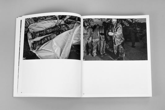 Two black and white images of war victims in Ukraine