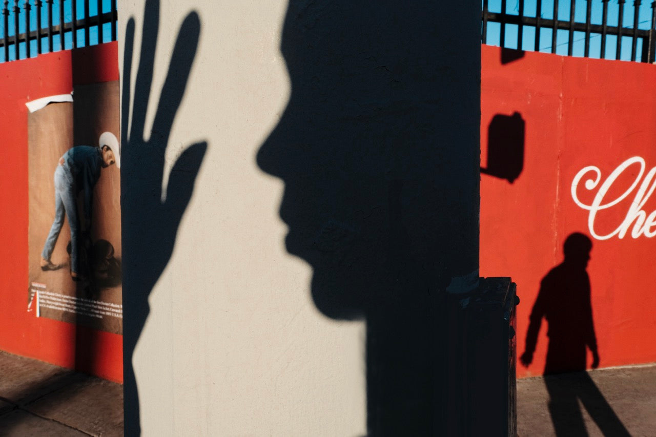 collage with self portrait street view red and blue colours