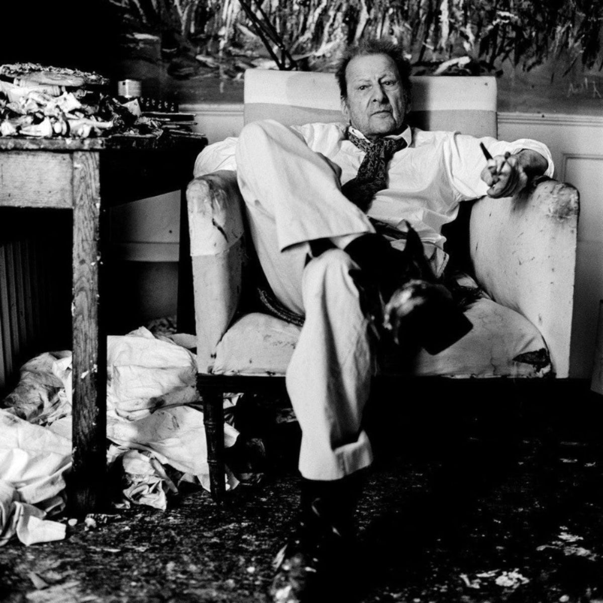 black and white portrait of Lucian Freud in chair