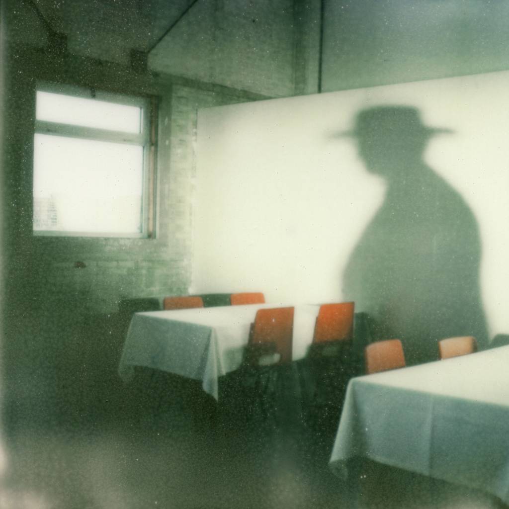 shadow of a figure wearing a hat on the walls of a restaurant