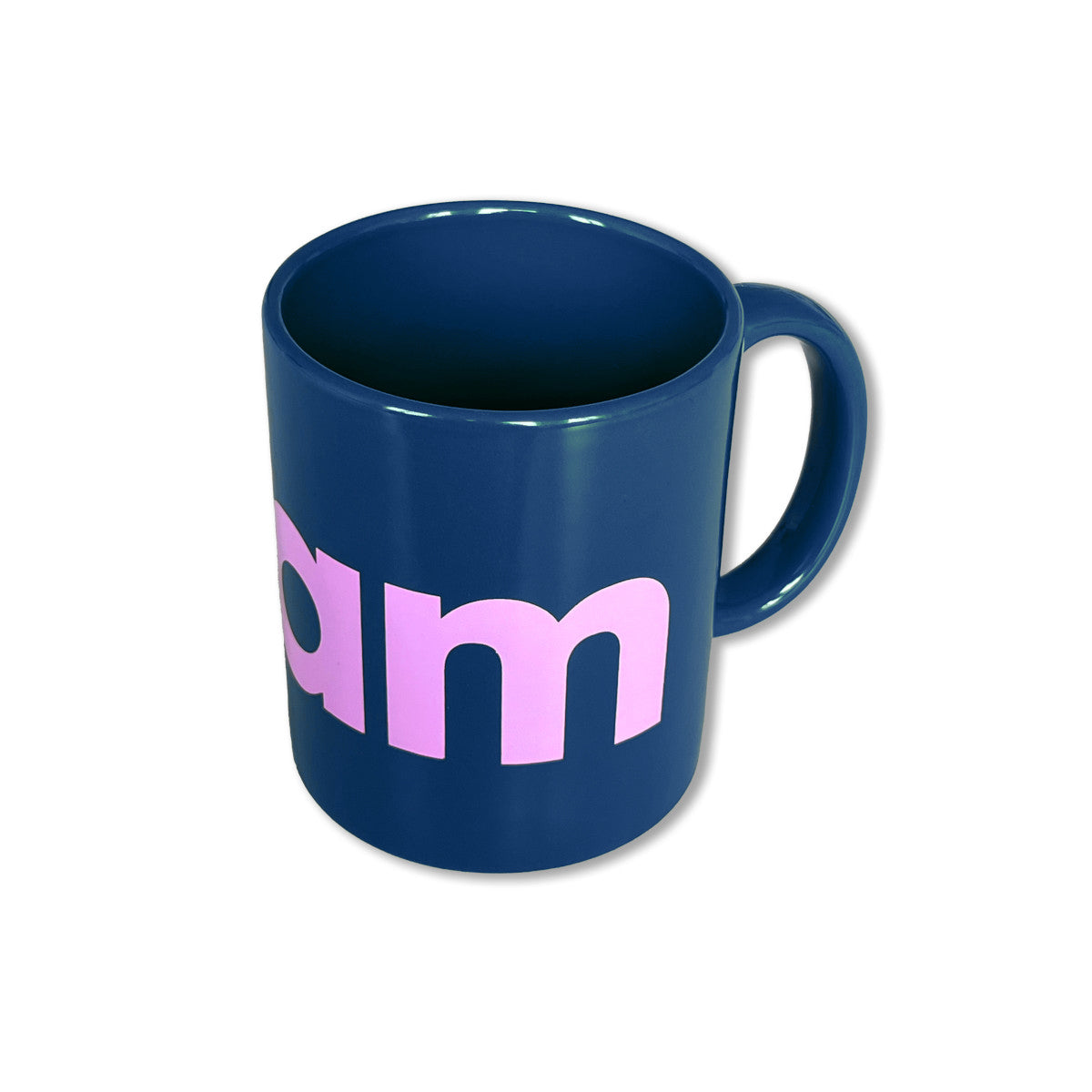 Blue mug with Foam in pink letters
