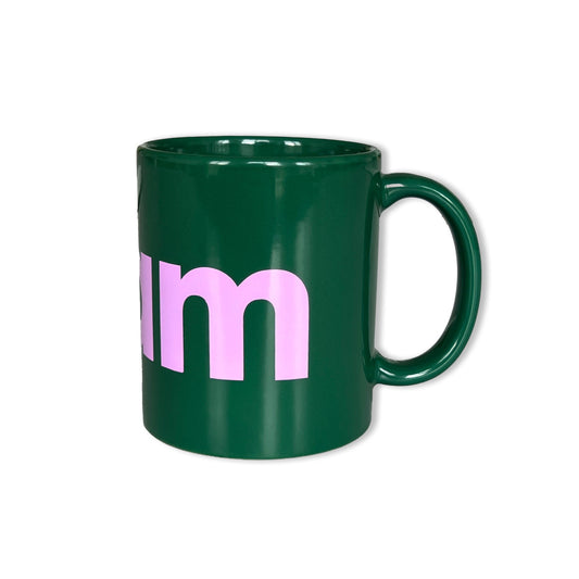 Green mug with pink Foam logo text