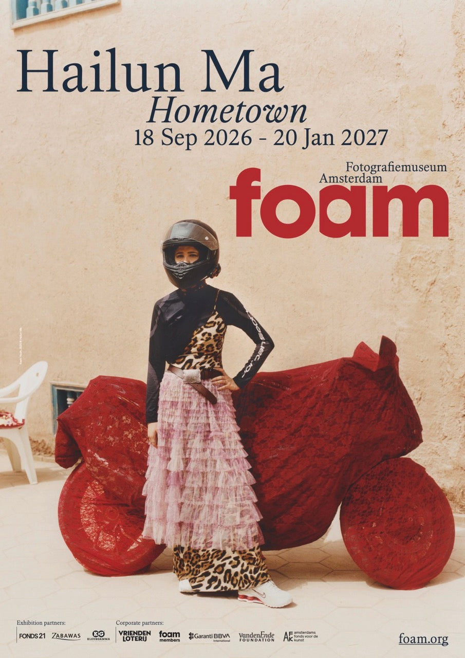 Poster of the Hailun Ma exhibition with the red Foam logo and an image of a woman in a pink skirt wearing a helmet, while standing in front of motorbike covered in red lace.