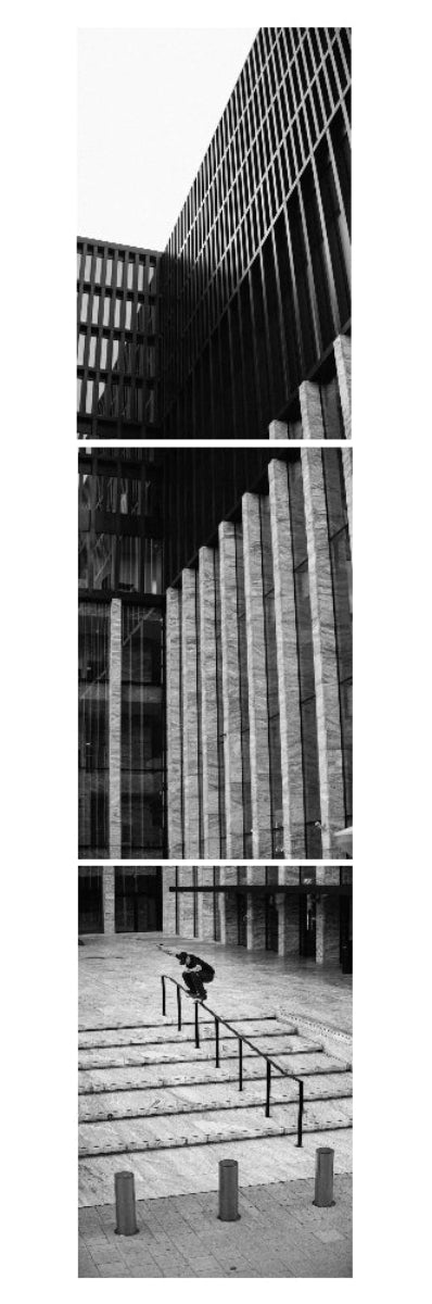 triptych black and white of skater on fence