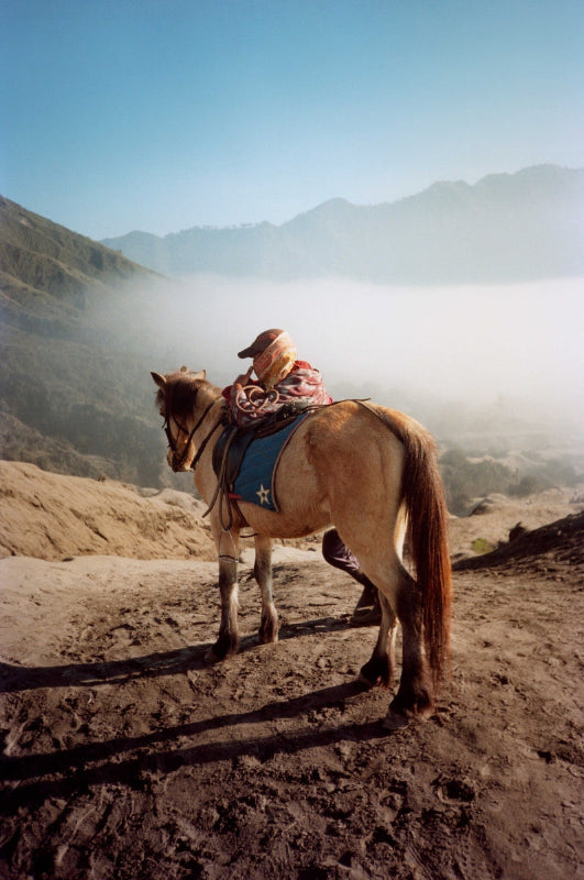 man next to horse in mountains