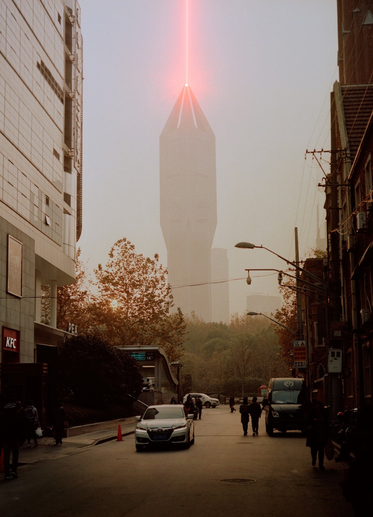 Scifi streetview of building shooting up a laser