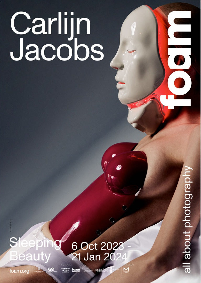 woman's torso with red corset and beauty uv-mask