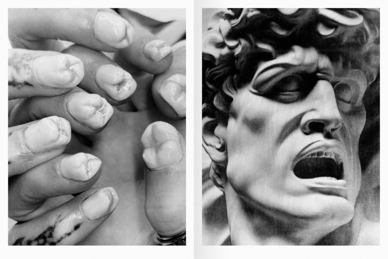 spread with two blacvk and white photos, one with teeth as nails and one of  a face of a statue