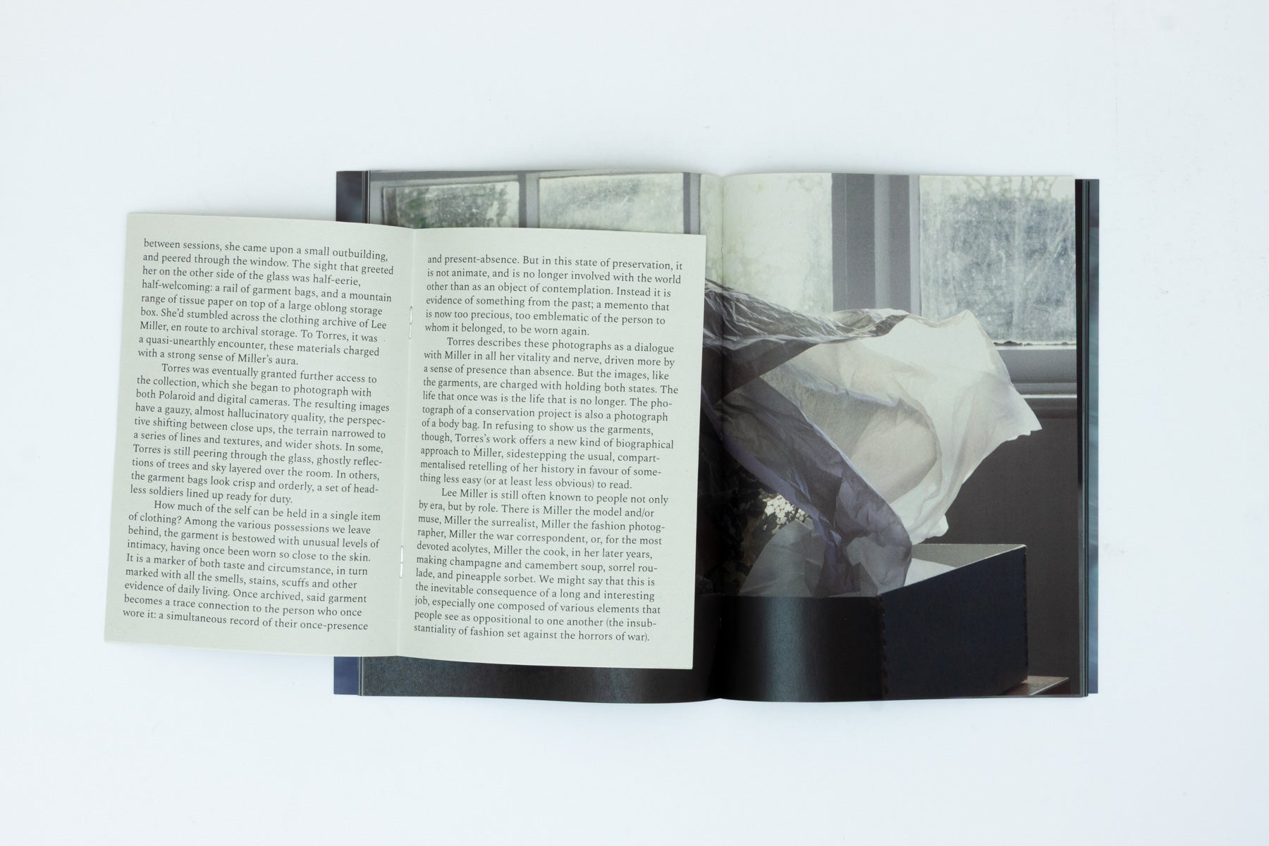 Spread with text spread and photo of fabric