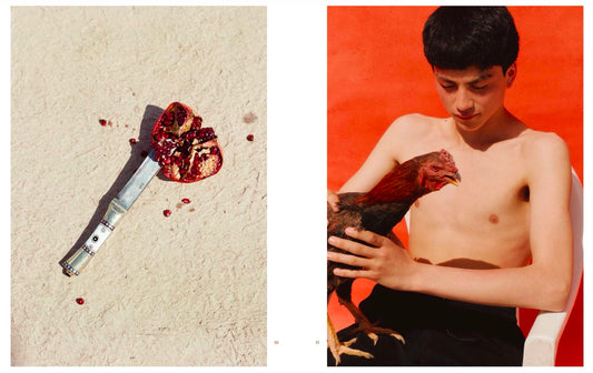 Spread with two standing colour photos with on the left a knife with pomegranate and on the right a shirtless boy sitting on a white chair, holding a rooster, in front of an orange red wall.