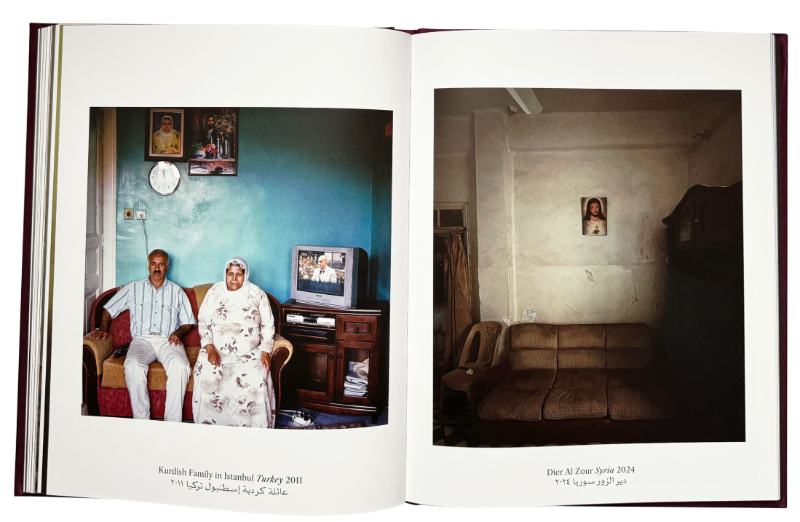 spread with two colour photos, on the left a couple on a couch in front of a blue wall and on the right a brown sofa with a Jesus painting on the wall