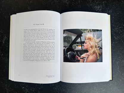 Spread with text on the left page and one colour photo on the right of a woman driving in a cabriolet.