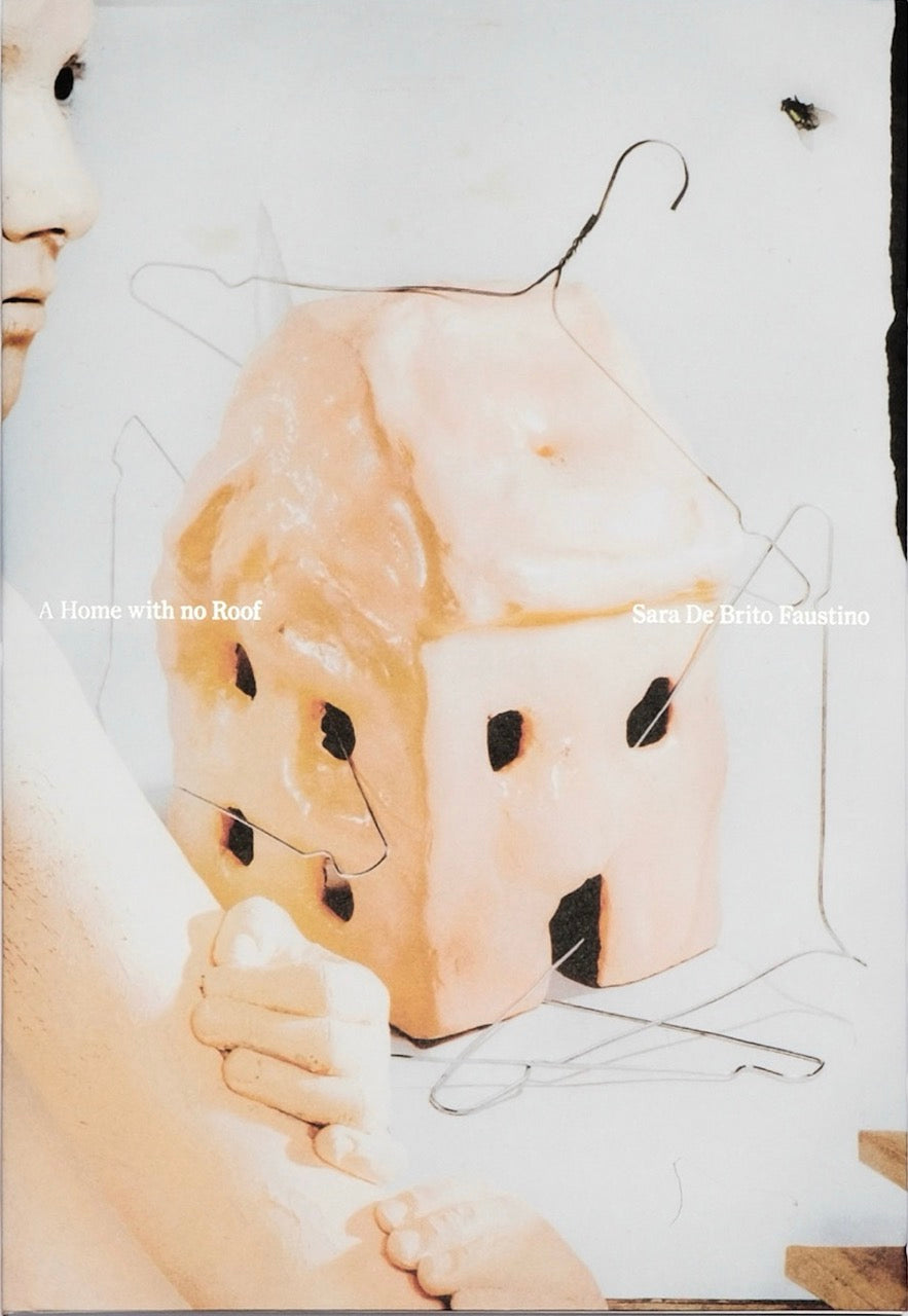 Book cover with a beige miniature house from clay, metal clothing hangers and a figure covered in clay on the left edge of the book.