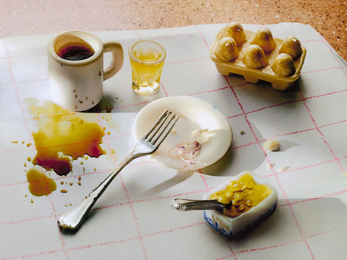 colour photo of a breakfast table, constructed with miniature items