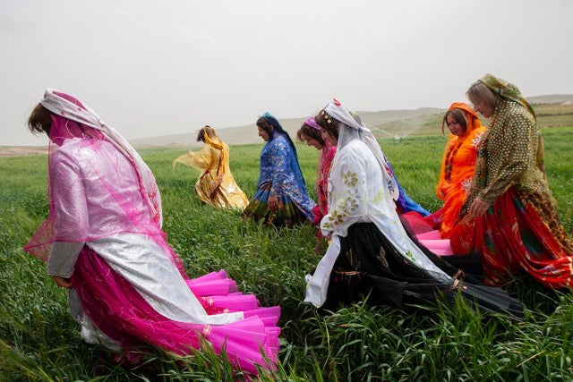 Group of women in colourful dresses walking in a green field