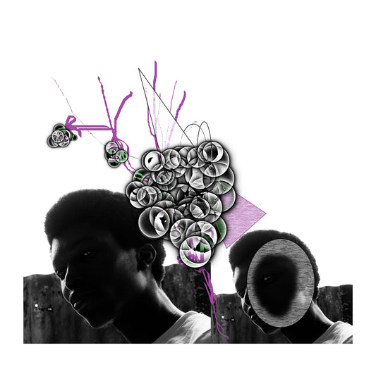 Black and purple collage of illustrations and a portrait