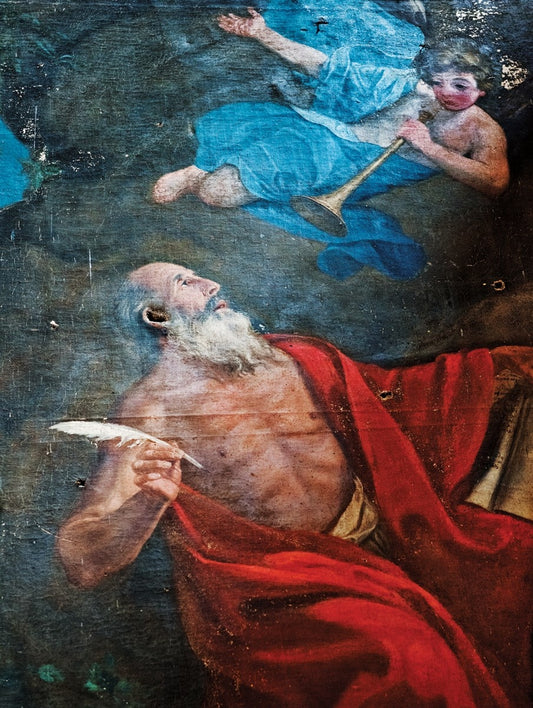 Two painted figures one holding a feather, the other holding a trumpet