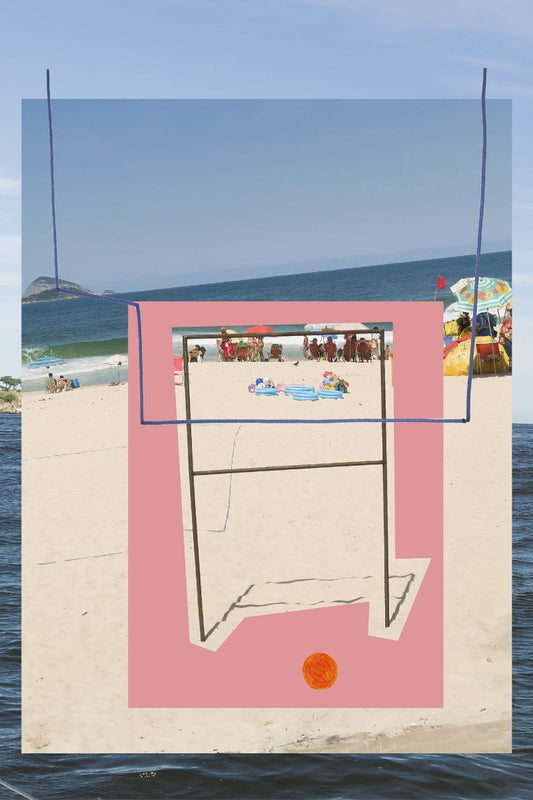 Collage of a beach filled with umbrellas and colored shaped