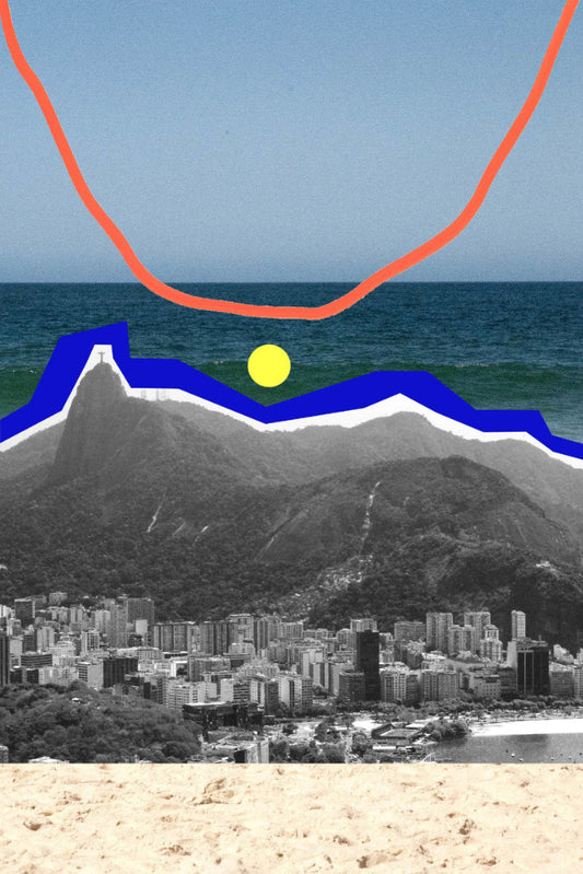 Collage of an ocean, sea-side town and colored shapes