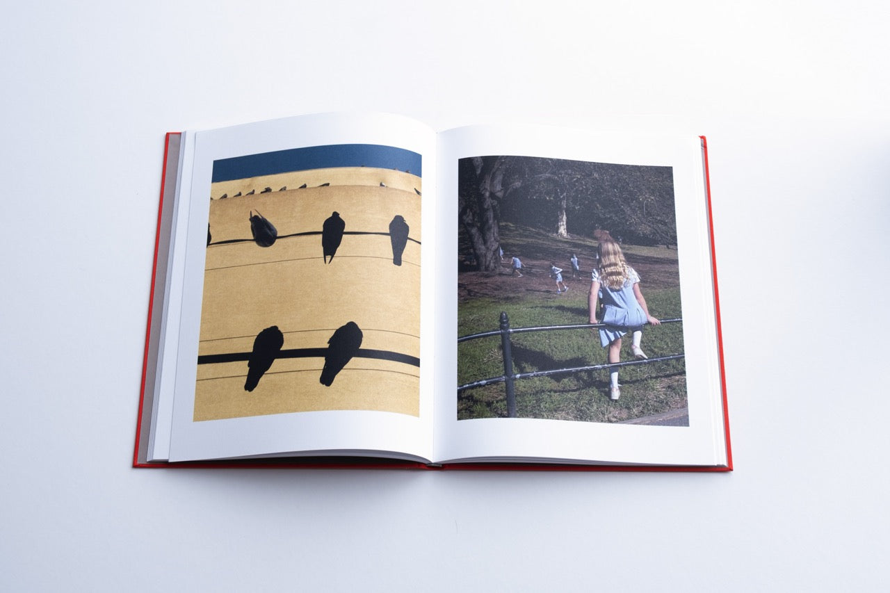 book spread with two images: on the left a yellow wall with black crows and on the right page youngsters in blue school outfits
