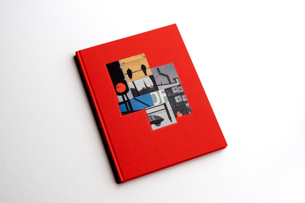 book cover in red canvas with colourful collage of both black and white and colour images in the middle