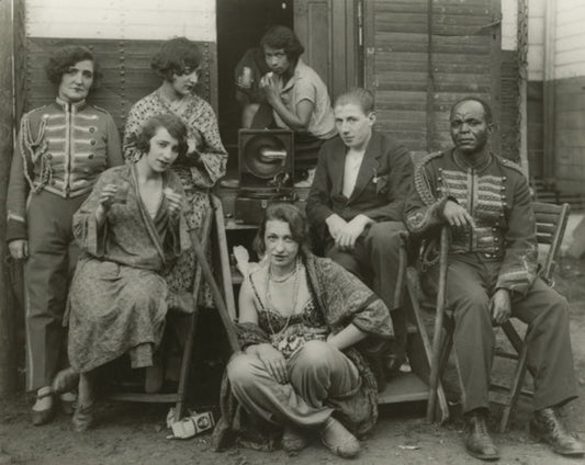 black and white portrait of a group of circus artists 