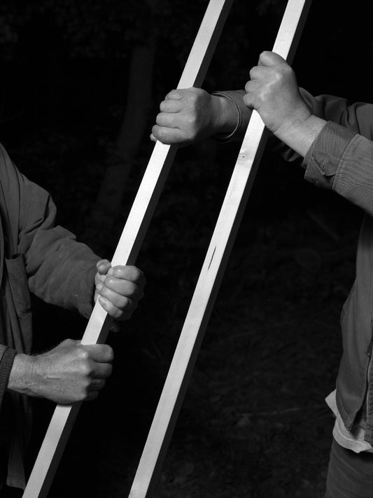Four hands holding two slats