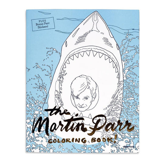 blue and white cover with a drawing of Martin Parr's face in the beak of a shark