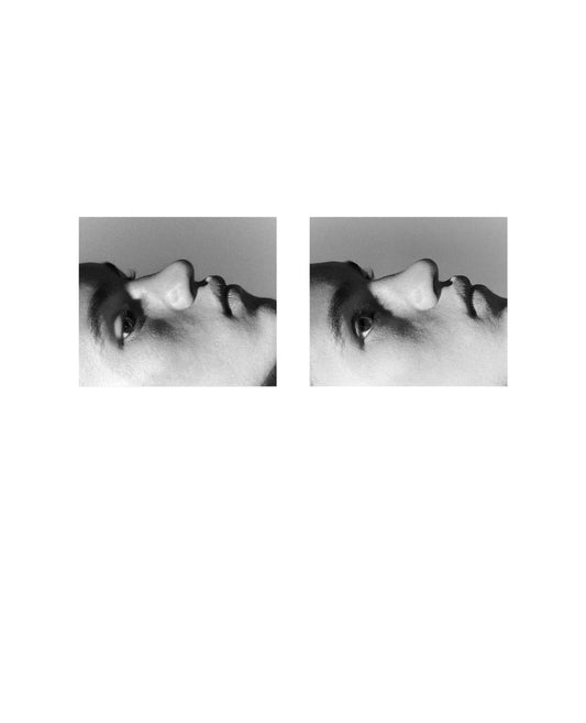 Two black and white close ups of a face in a white border