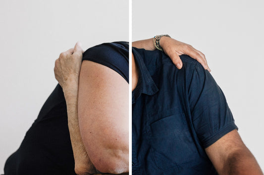 Split image of two figures embracing