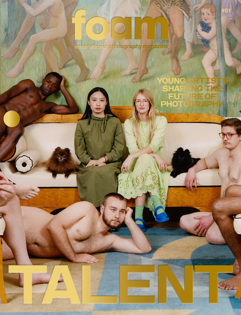 Front cover of Foam magazine #61, showing a group of indivuals, some dressed, some undressed, sitting on and around a sofa. 