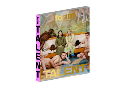 Mock up of cover from Foam Magazine #61 Talent featuring a group of indivuals, some clothed, others nude posed on and around a sofa