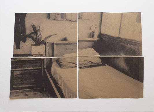 Collage of a sepia colored bed and bedside table