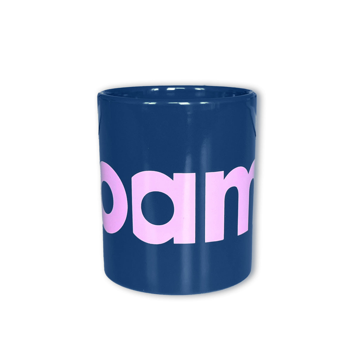Blue mug with Foam in pink letters