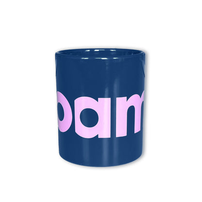 Blue mug with Foam in pink letters