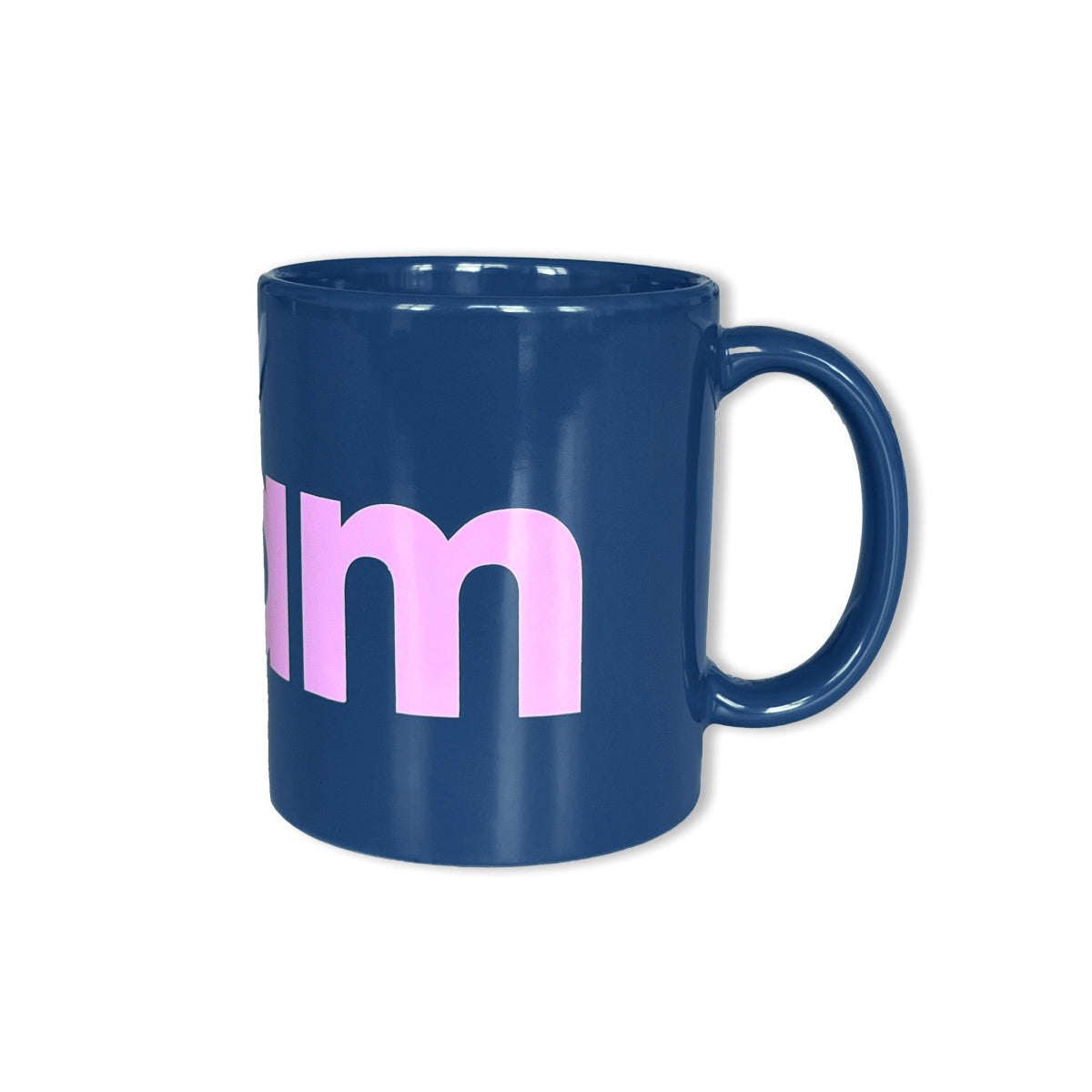 Blue mug with Foam in pink letters