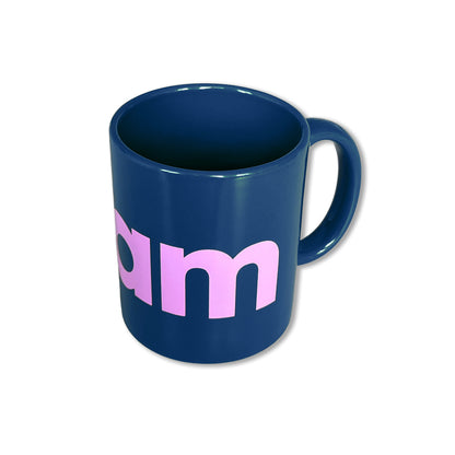 Blue mug with Foam in pink letters
