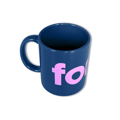 Blue mug with Foam in pink letters