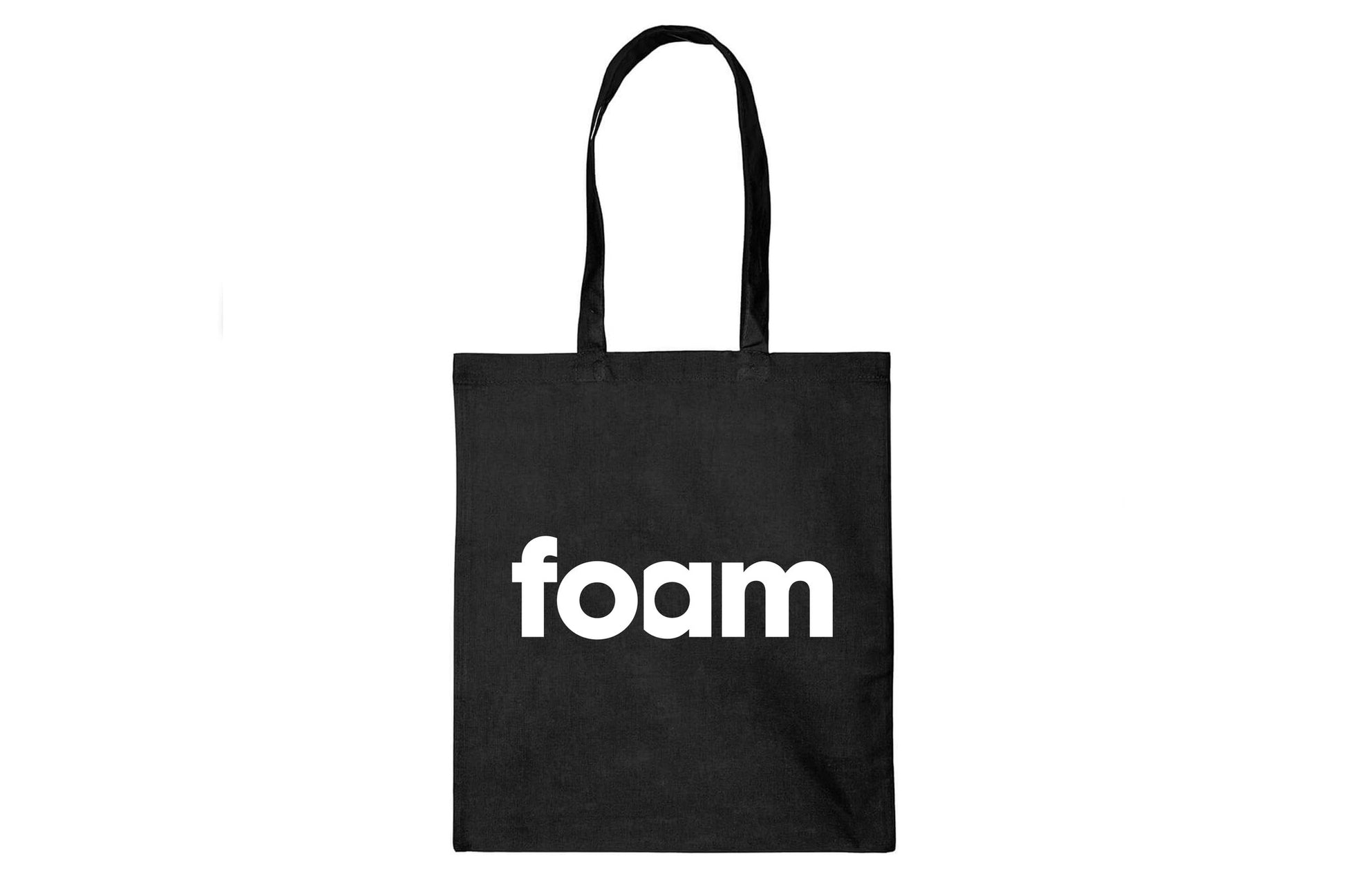 Black cotton tote bag with white letters Foam