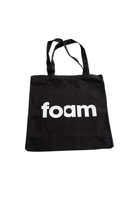 black canvas foam tote with white foam letters