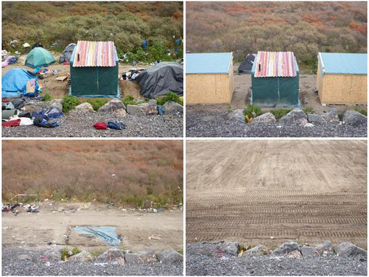 four seperates phots depicting the same place with changing objects