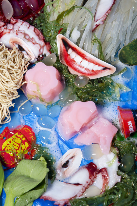 collage of asian food and images of a face