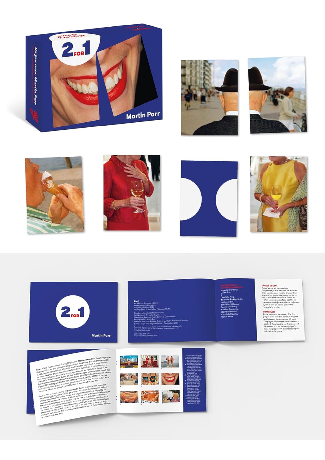 Overview of the Martin Parr memory game: the blue box, the booklet and 5 colour photos.