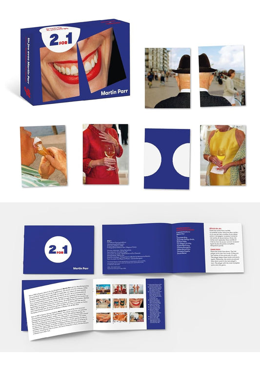 Overview of the Martin Parr memory game: the blue box, the booklet and 5 colour photos.