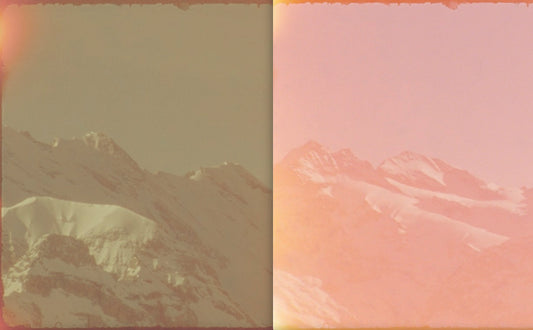 dyptich with on the left a greenish mountain, on the right a pink mountain