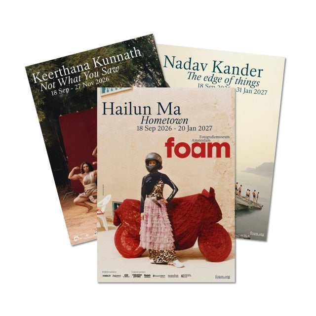 Set of three colourful exhibition posters of the current exhibitions at Foam, with the Hailun Ma poster on top, with underneath on the left the Keerthana Kunnath poster and on the right the Nadav Kander poster.