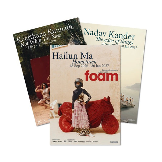 Set of three colourful exhibition posters of the current exhibitions at Foam, with the Hailun Ma poster on top, with underneath on the left the Keerthana Kunnath poster and on the right the Nadav Kander poster.