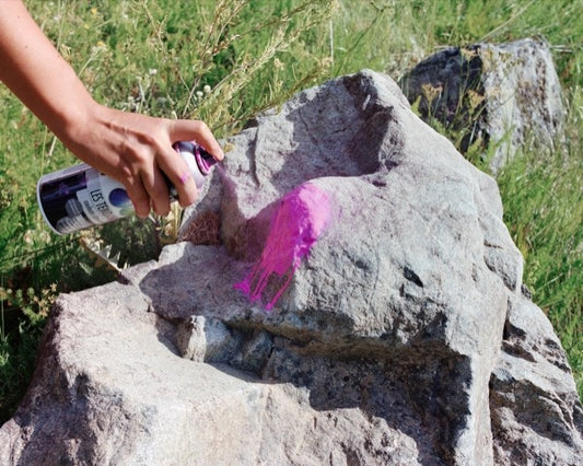 A hand spray-painting a pink dot a large grey rock