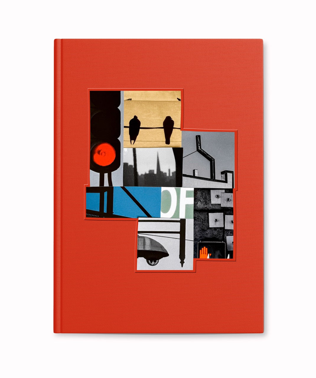 cover book red canvas with collage of photos in the middle