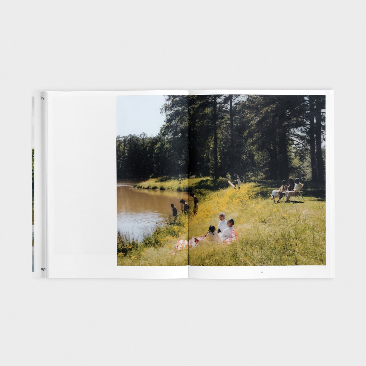 double spread of photo with groups of people sitting in a park next to a river